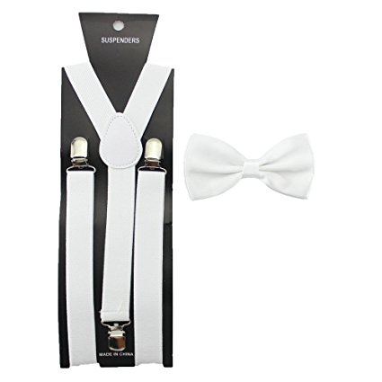 HABIBEE Solid Color Mens Suspender Bow Tie Set Clip On Y Shape Adjustable Braces