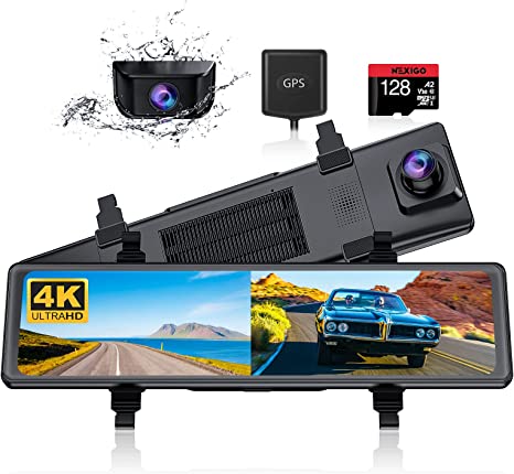 NexiGo D90 (Gen 2) 4K Mirror Dash Cam with Dual Sony_Sensors, 11 Inch IPS Full Touch Split Screen, Super Night Vision, G-Sensor & Emergency Recording, GPS, Parking Monitor/Assistance