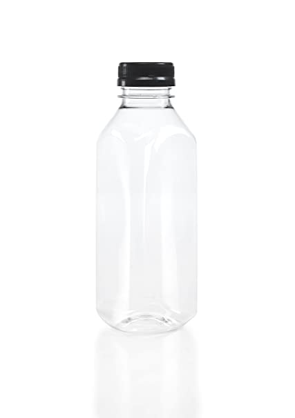 (8) 16 oz. Clear Food Grade Plastic Juice Bottles with Tamper Evident Caps 8/pack (Black Lids)