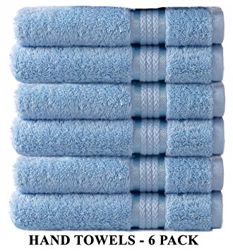 Cotton Craft Ultra Soft 6 Pack Hand Towels 16x28 Light Blue weighs 6 Ounces each - 100% Pure Ringspun Cotton - Luxurious Rayon trim - Ideal for everyday use - Easy care machine wash