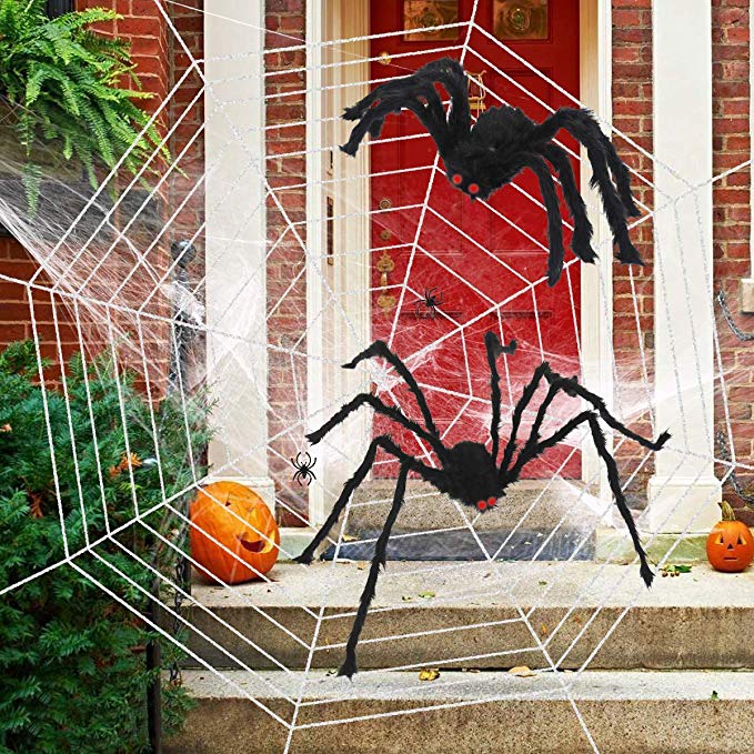 WESJOY Halloween 11.8 Ft Huge Spider Web with 2 Giant Realistic Looking Hairy Spiders Halloween Decorations Props Creepy Decor Outdoor Indoor