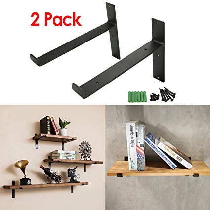 KINGSO 2 Pack - 8''L x 6''H Handcrafted Forged Black Iron Shelf Brackets, Industrial Decorative Wall Lip Brackets, Metal Floating Shelf, with Screw Accessories (T-shape（with lip）)