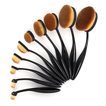 10-Piece Best Selling Soft Makeup Oval Brush Set for Foundation Synthetic Fibers with Sleek Black Finish