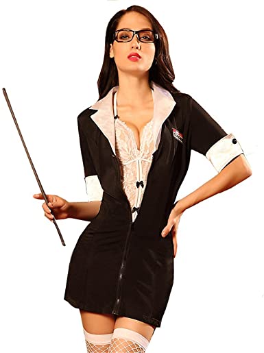Women's Sexy Lingerie Lace Teacher Outfit Secretary Suit Two-Piece Slim Black White