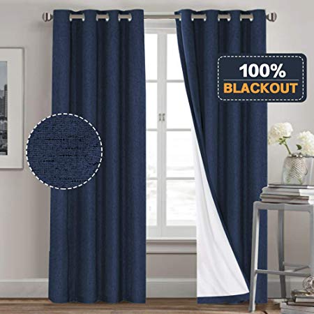Primitive Linen Look 100% Blackout Curtain for Bedroom Waterproof Room Darkening Curtains with Thermal Insulated White Liner Window Curtain 2 Panels for Living Room (52 x 96 Inch, Navy)