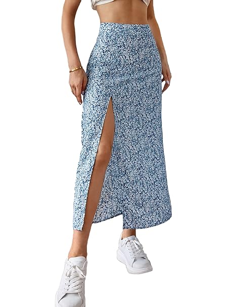 Milumia Women's Floral Print High Waist Midi Skirt High Side Split Boho Skirt