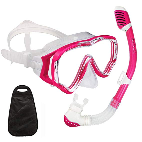 WACOOL Snorkeling Snorkel Package Set for Kids Youth Junior, Anti-Fog Coated Glass Diving Mask, Snorkel with Silicon Mouth Piece,Purge Valve and Anti-Splash Guard.