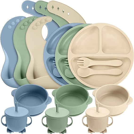 18 Pcs Silicone Baby Feeding Set Infant Dinnerware Adjustable Silicone Toddler Bibs Baby Plates and Bowls Set Suction Bowls Divided Plates Spoons Fork Cups Utensils (Gray Blue, Navy Green, Beige)