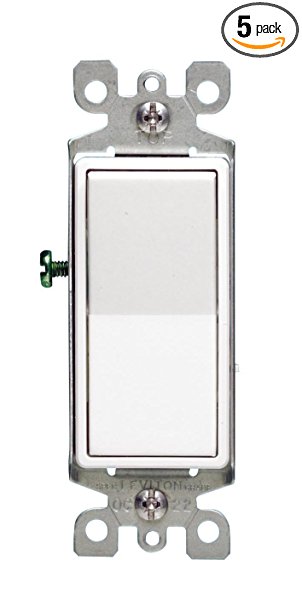 Leviton 5603-2WM 15 Amp, 120/277V Decora Rocker 3-Way AC Quiet Switch, 5-Pack, White