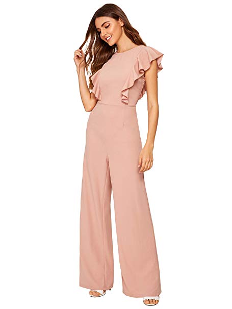 Romwe Women's Sexy Casual Sleeveless Ruffle Trim Wide Leg High Waist Long Jumpsuit