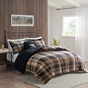 Woolrich Reversible Comforter Set Ultra Soft Plush to Sherpa, Down Alternative, Cold Weather Winter Warm Bedding, with Matching Sham, Decorative Pillow Brown/Black Full/Queen 4 Piece