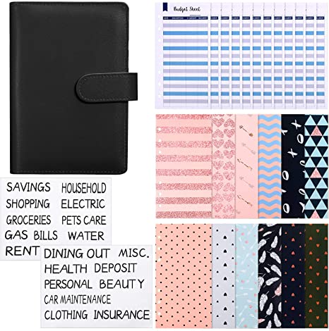 27 Pieces A6 Binder Budget Envelopes System Budget Planner Organizer A6 PU Leather Notebook Binder Budget Money Envelopes Cash Envelopes 6 Holes Expense Budget Sheets and Labels (Black)