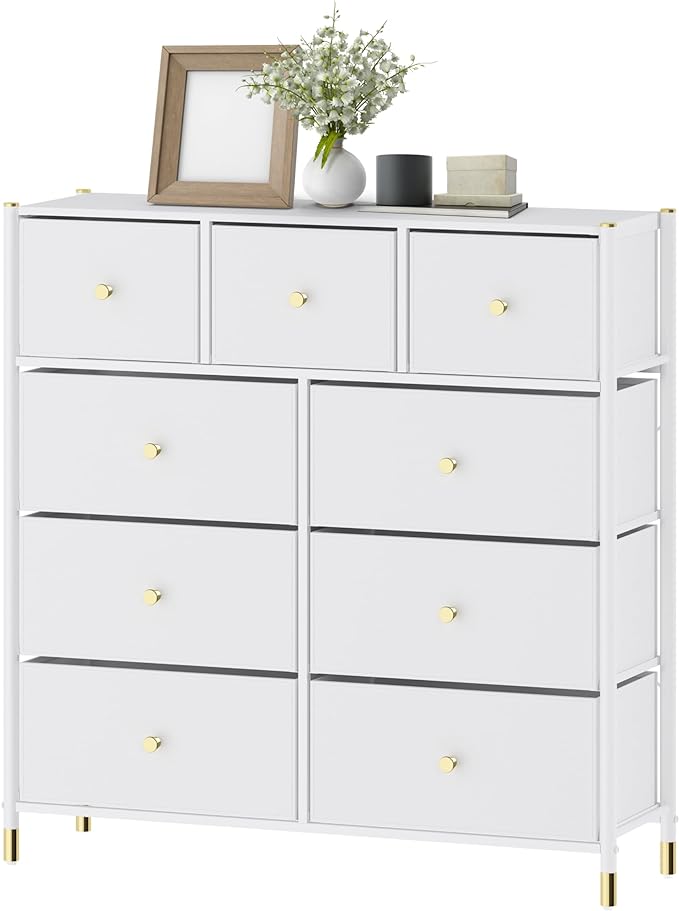 Tall Dresser | Bedroom Dresser with 9 Drawers, Fabric Chest of Drawers for Kids, Baby, Clothes, Living Room (White & Gold)