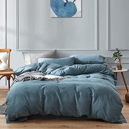 Duvet Cover Queen, 100% Cotton 3 Piece Bedding Sets, Luxury Solid Color Waffle Plaid, Ultra Soft and Breathable with Zipper Closure & Corner Ties (Queen,Peacock Blue)