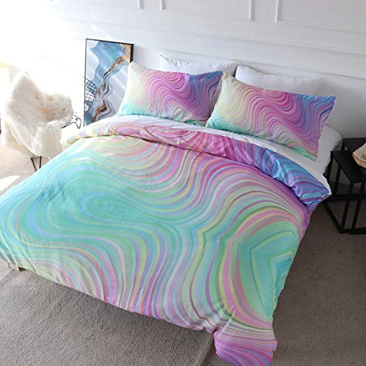 BlessLiving 3D Modern Pattern Bedding Set Duvet Cover Set Pastel Rainbow Marble Printed Comforter Cover 3 Pieces Bed Sets with 2 Pillow Cases (Twin)