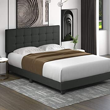 Allewie Full Size Platform Bed Frame with Adjustable High Headboard/Fabric Upholstered/Square Stitched Style/Box Spring Needed/for High Profile/Easy Assembly, Grey