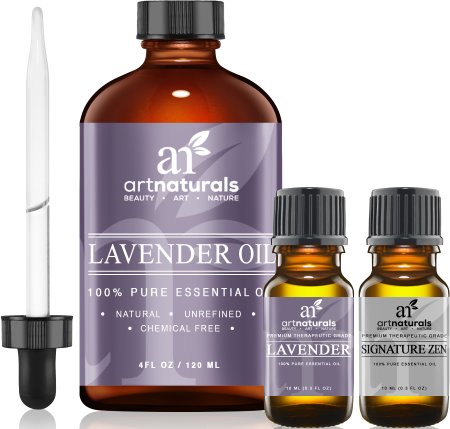 Art Naturals Lavender Essential Oil 40 oz 3 Piece Set including Bonus 10ml Travel Size Bottle -100 Pure and Natural Therapeutic Grade from Bulgaria -Art Naturals Signature Zen 10ml Bottle Included