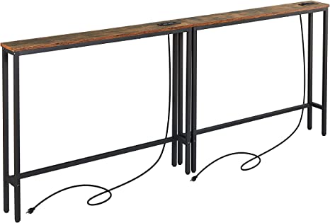 ELYKEN 2 Pack 5.9" Narrow Console Sofa Table with Power Outlets, 39.4” L x 5.9" W x 31.1" H Long Black Couch Table with Metal Frame and Charge Station with 6.5’ Extension Cord, Rustic Brown