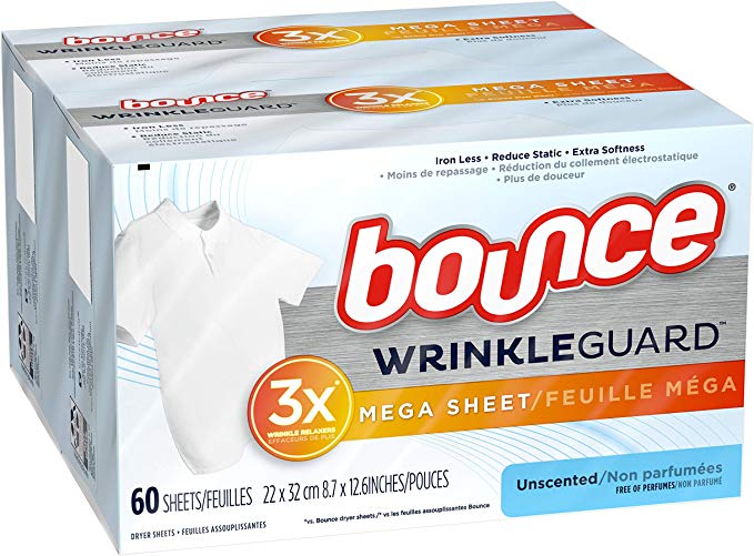 Bounce WrinkleGuard Mega Dryer Sheets, Fabric Softener and Wrinkle Releaser Sheets, Unscented, 120 Count (Pack of 2, 60 Count Each)