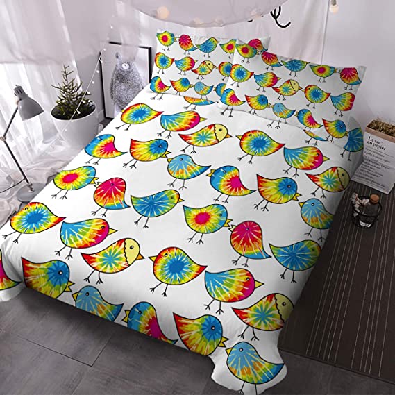 BlessLiving 3D Printed Bedding Set Comforter Covers Sets & 2 Pillow Cases Bed Duvet Cover 3 Pieces Art Bedset (Colorful Tie Dyed Chicks,Full)