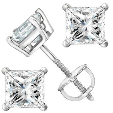 2 Carat Solitaire Diamond Stud Earrings Princess Cut 4 Prong Screw Back (I-J Color, I2 Clarity)