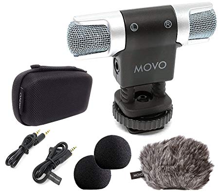 Movo Universal PRO Compact Stereo Video Microphone |VXR3000| Shock Mount | 1x Foam & Furry Deadcat Windscreens | 3.5mm | Case for iPhone/Android Smartphones, Canon EOS/Nikon DSLR Cameras Camcorders