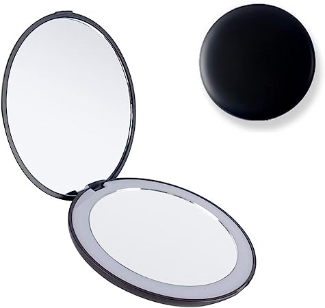 FOME Travel Makeup Mirror with Light, Led Lighted Compact Mirror Led Travel Makeup Mirror Compact Magnifying Mirror 1x/10x Handheld Double Sided Portable Folding Mirror Handbag Purse Pocket