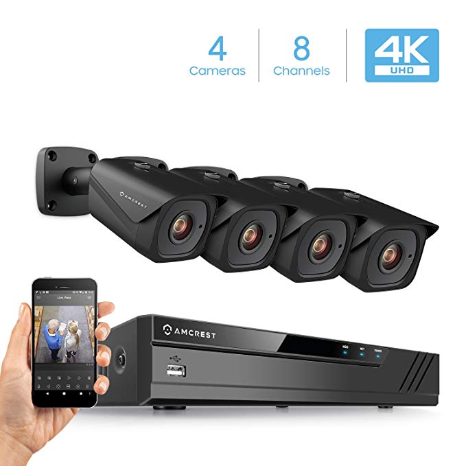 Amcrest 8CH 4K Security Camera System w/H.265 4K (8MP) NVR, (4) x 4K (8-Megapixel) IP67 Weatherproof Metal Bullet POE IP Cameras (3840x2160), 2.8mm Wide Angle Lens, 98ft Nightvision (Black)