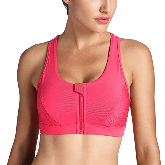 CRZ YOGA Women's High Impact Zipper Front Sports Bra Wirefree Removable Pads Yoga Top