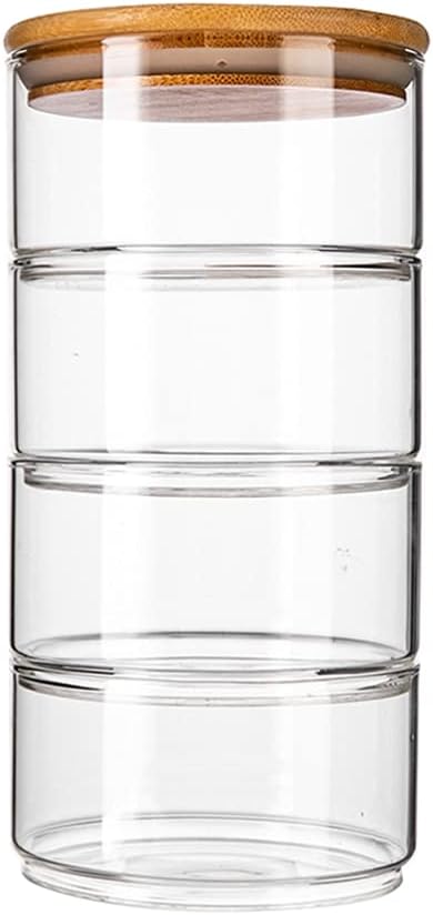 DOITOOL Glass Stackable Storage Jars with Lid, 4- Tier Round Glass Storage Canisters Glass Food Storage Jars for Serving Tea, Dessert, Candy