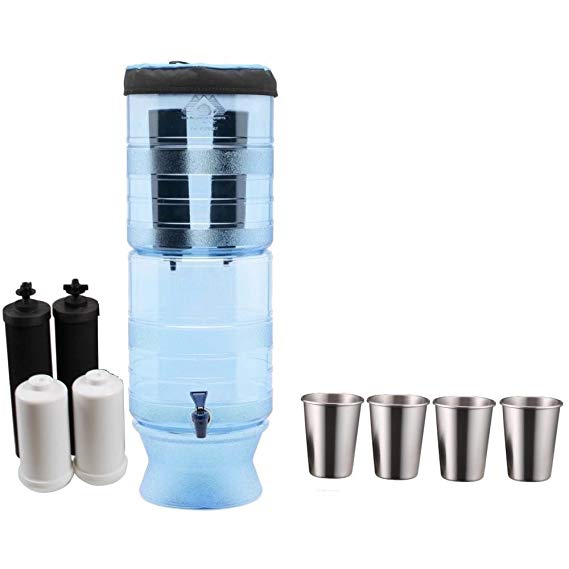 Berkey Light Water Filter System (2.5 Gallons) w/2 Black Purifier Filters and 2 Fluoride Filters (PF2) Bundled with 1-set of 4 Stainless Steel Cups