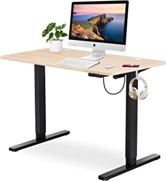 Standing Desk, Height Adjustable Desk with Control Panel & Headphone Hook, Sit Stand Desk for Home Office,Electric Standing Desk (140 x 70 cm,Black Frame  Maple Desktop)