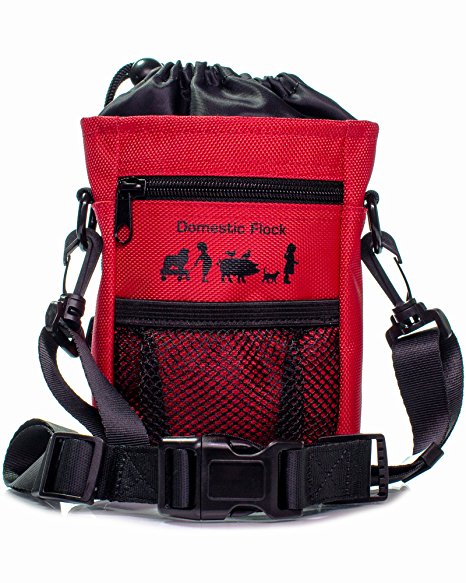 Treat Pouch with Bonus Waste Bags, Dog Treat Bag by Domestic Flock – Poop Bag Dispenser, Adjustable Shoulder Strap, 2 Zipper Pockets, Drawstring Pouch – Toy Holder