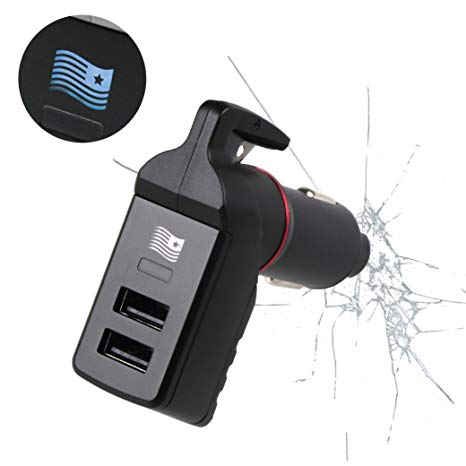 Ztylus Special Design Stinger USB Emergency Escape Tool: Life-Saving Rescue Car Charger, Spring Loaded Window Breaker Punch, Seat Belt Cutter, Dual 2.4A USB Ports (Blue American Flag)