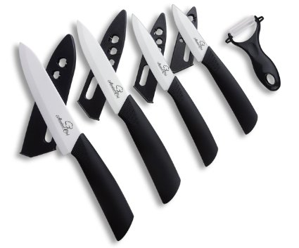 Abundant Chef (TM) Premium 9 Piece Ceramic Cutlery Knife and Peeler Set (6" Chef's, 5" Utility, 4" Paring, 3" Fruit Knife, with One Peeler) Black Handle and White Blade, 4 Sheaths