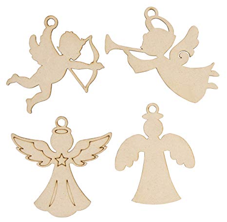 Unfinished Wooden Christmas Ornaments - 24-Pack Paintable Blank Xmas Tree Hanging Wood Slices for Kids DIY Art Crafts, Festive Decoration, 4 Assorted Angels Designs, 4.3 x 4.25 x 0.1 Inches