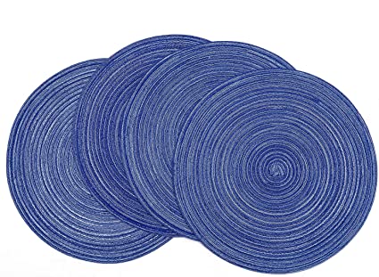 SHACOS Round Braided Placemats 15 inch Washable Kitchen Table Placemats for Home Wedding Party (Blue White, 4)