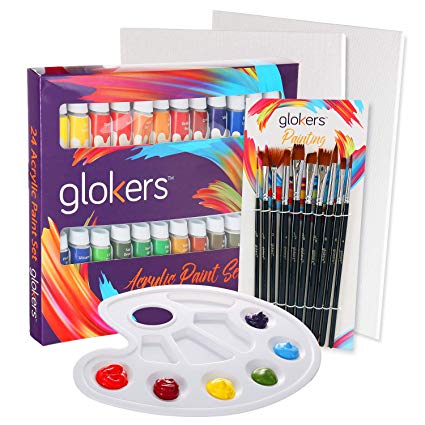 Premium Acrylic Paint Set by Glokers – 24 Acrylic Paint Color Tubes, 10 Professional Paintbrushes, 2 Pcs Canvas Panel, Plastic Palette - Perfect Gift for Beginners, Adults, Students Or Professionals