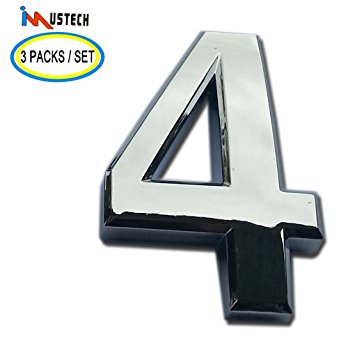 3 Pcs of Number 4 iMustech 2-3/4 Inch Silver 3D Self-stick Number with Reflective Silver Plating(ABS), For Door Number, Mailbox Number, House Number, Modern Hotel Number, Car Sticker