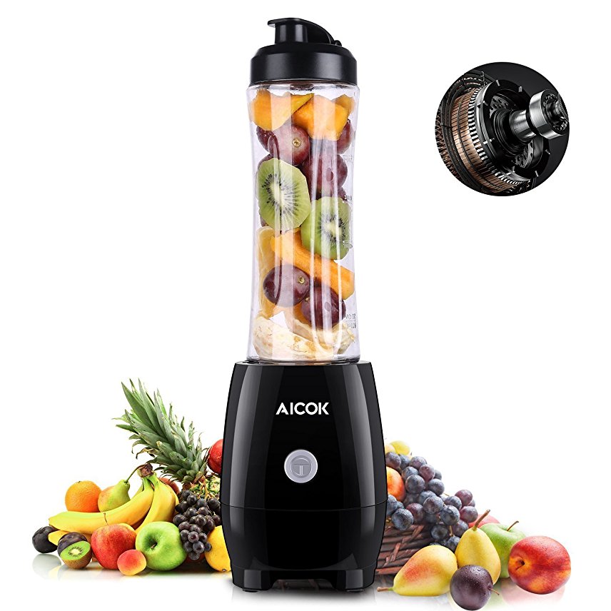 Aicok Personal Blender with Portable Bottle Mini Smoothie & Milk-shake Maker 600ml Tritan BPA Free Fruit Juicer for Home, Sport, Outdoor and Traveling, 300W, Black