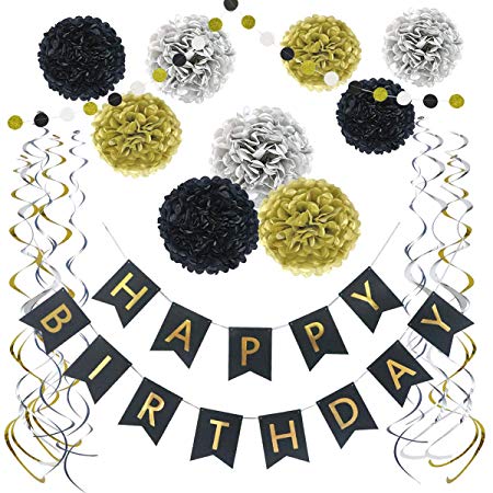 LITAUS Birthday Decorations, Black and Gold Happy Birthday Decorations, Happy Birthday Banner, Poms Kit, Hanging Swirls for Kids Dini Party, Birthday Party Decorations, Baby Shower