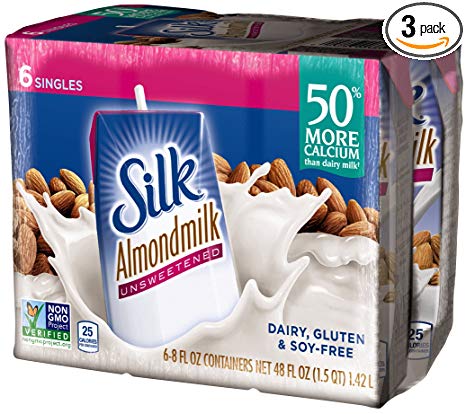 Silk Almond Milk Unsweetened 8 oz 6 Count (Pack of 3) Shelf Stable, Unsweetened, Unflavored Dairy-Alternative Milk, Organic, Individually Packaged