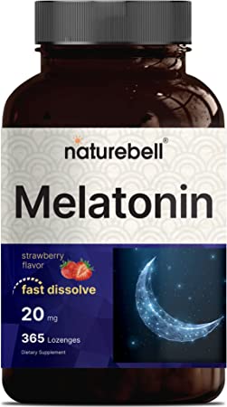 Naturebell Melatonin 20mg, 365 Fast Dissolve Tablets - Natural Strawberry Flavor - Vegetarian Chewable Lozenges for 1 Year Supply, High Potency | Non-GMO, No Gluten