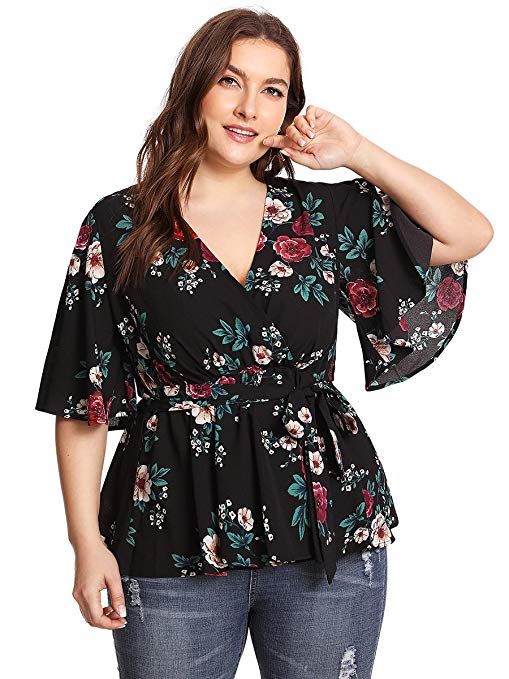 Romwe Women's Plus Size Floral Print Short Sleeve Belt Tie Peplum Wrap Blouse Top Shirts