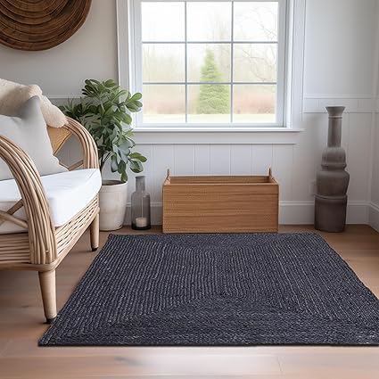 Super Area Rugs Farmhouse Jute Braided Rug - Reversible Natural Fiber- Eco Friendly Rug for Living Room - Kitchen - Dining Room Hand Woven, Black, Rectangle 5' X 7'