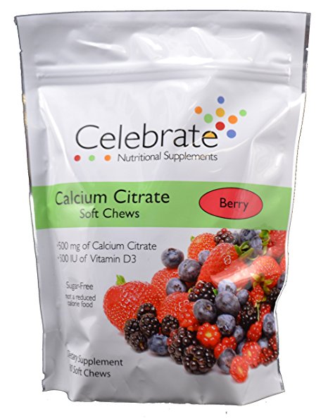 Celebrate Calcium Citrate 500 mg, 500 IU of vitamin D3. Sugar-Free, Soft Chews Berry 90 count
