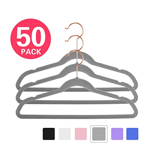 MIZGI Premium Kids Velvet Hangers (Pack of 50) 14" Wide with Copper/Rose Gold Hooks,Space Saving Ultrathin,Nonslip Hangers use for Petite Junior Children's Skirt Dress Pants,Clothes Hangers-Gray