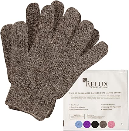 Relux Eco-Friendly Carbonized Natural Bamboo Exfoliating Wash Gloves for Bath and Shower – Body Exfoliation Hand Mitt/Mitten (Grey)