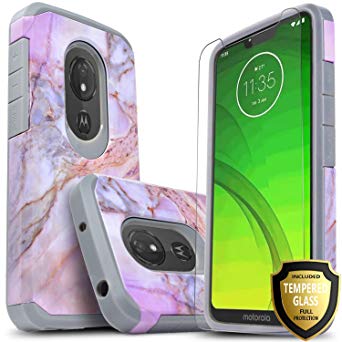Moto G7 Power Case, Moto G7 Supra Case, Moto G7 Optimo Maxx Case, Included [Tempered Glass Screen Protector], STARSHOP Drop Protection Dual Layers Impact Rugged Protective Phone Cover- Marble Pattern