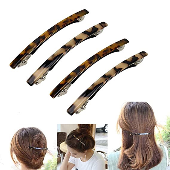 Luckycivia 4 Pack Hair Barrette, Long and Thin Handmade Celluloid Onyx Hair Clip, Elegant Automatic Hair Clip, Barrette Ponytail Holders for Women/Girls - 4 Inches